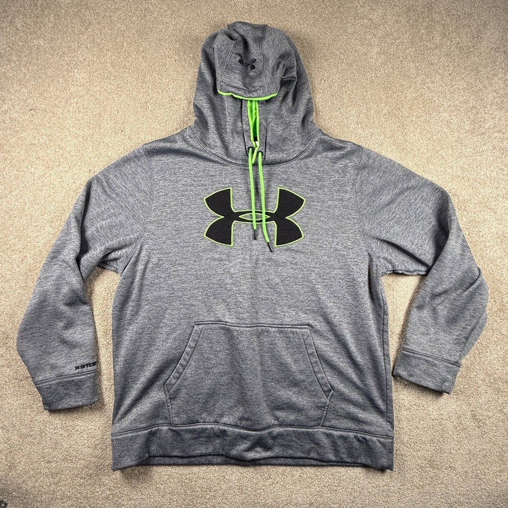 Under Armour Storm Hoodie Mens XL Gray Neon Green Big Logo Fleece Sweatshirt